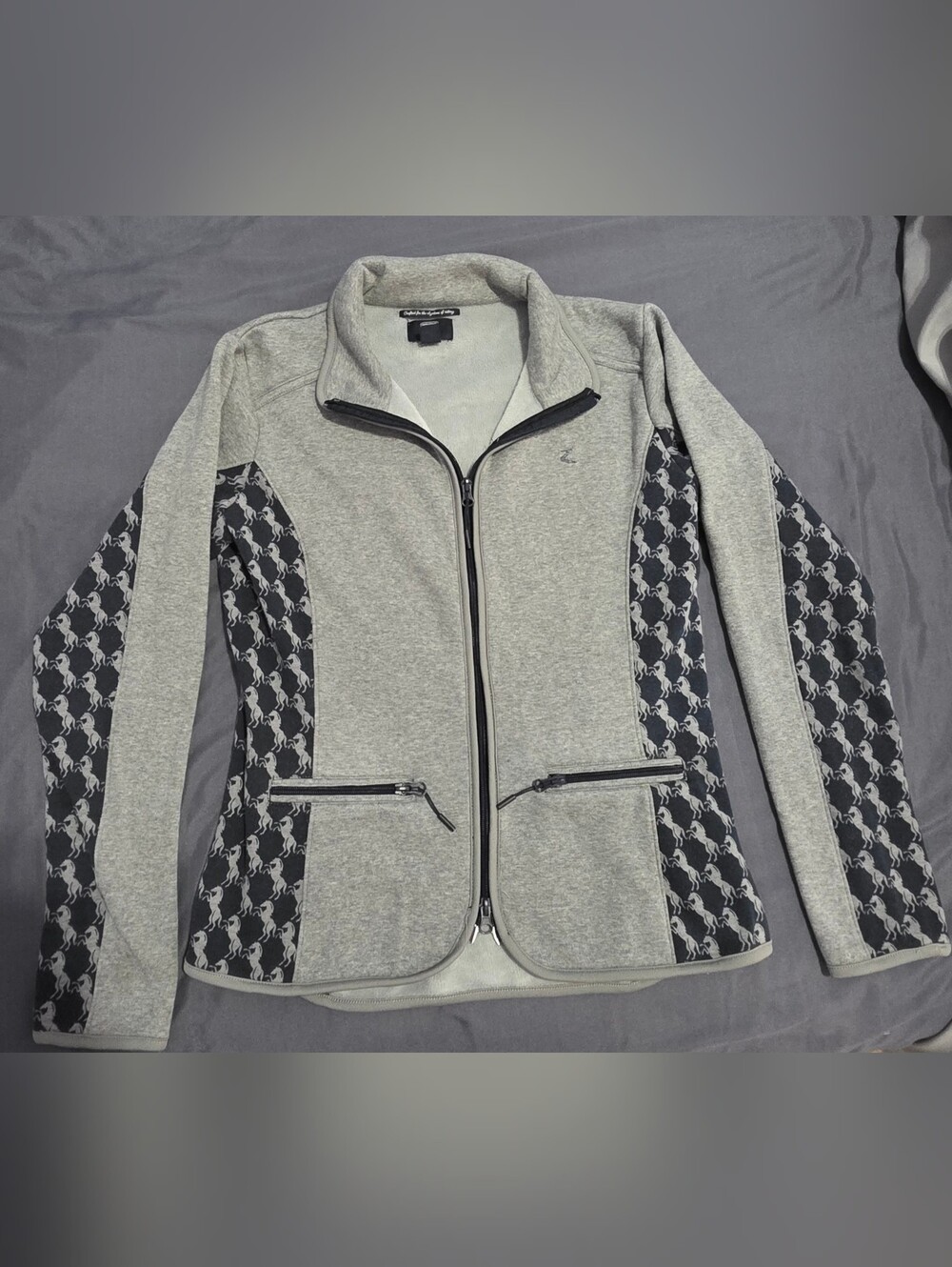 Women's Light Gray Zip-Up Equestrian Fleece Jacket with Patterned Side Panels